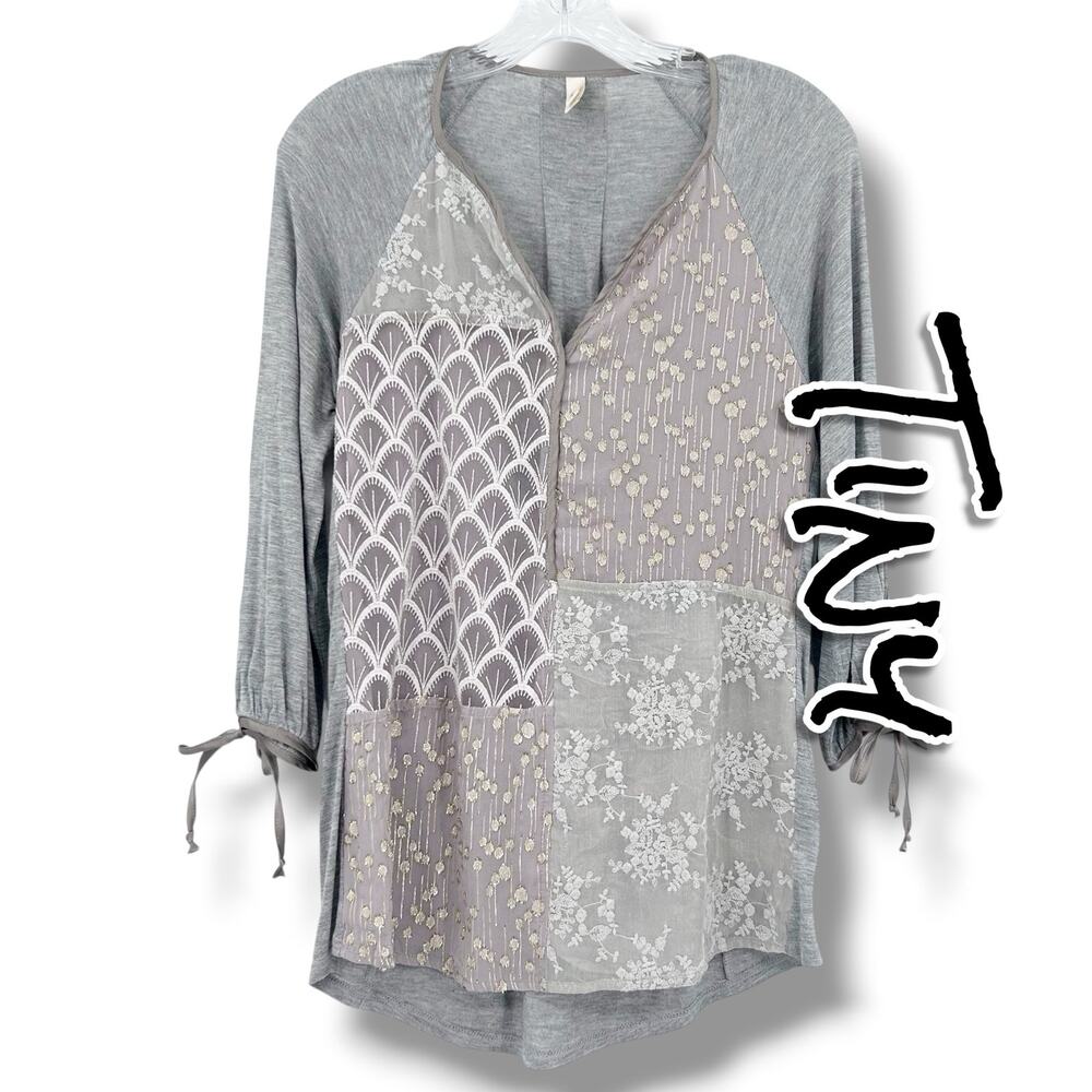 Anthropologie Tiny Patchwork Silk Metallic Embroidered Top Gray XS Holiday Luxe